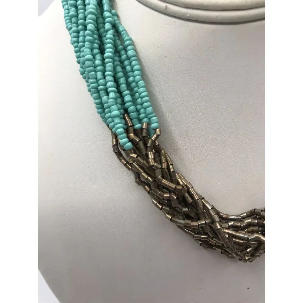 Teal‎ Turquoise Blue Seed Bead Multi Strand and Gold Tone 17